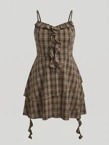SHEIN CURVE+ Plus Size Women's Plaid Pattern Ruffle High Waist Fashion Cami Dress - Multicolor - View 1