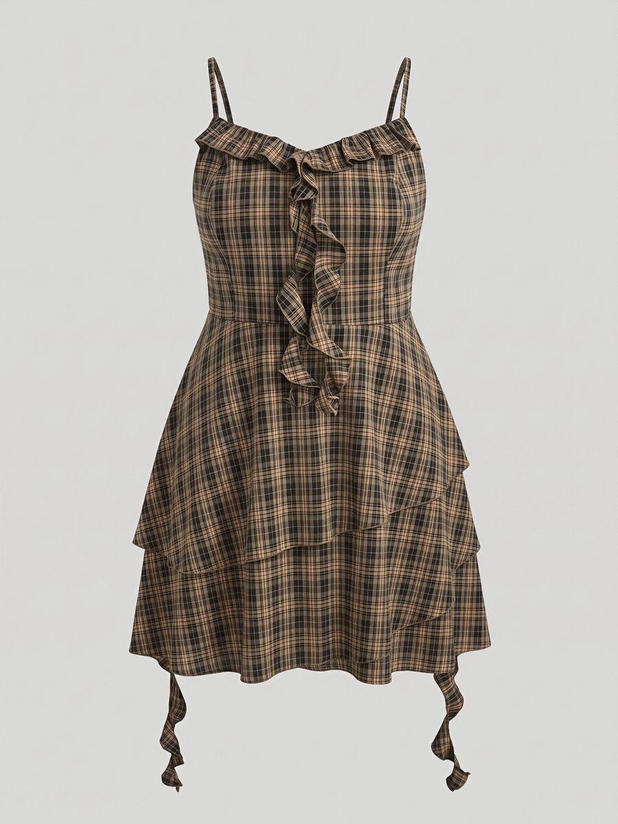 SHEIN CURVE+ Plus Size Women's Plaid Pattern Ruffle High Waist Fashion Cami Dress - Multicolor - View 1