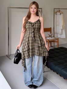 SHEIN CURVE+ Plus Size Women's Plaid Pattern Ruffle High Waist Fashion Cami Dress - Multicolor - View 11