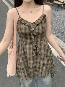 SHEIN CURVE+ Plus Size Women's Plaid Pattern Ruffle High Waist Fashion Cami Dress - Multicolor - View 10