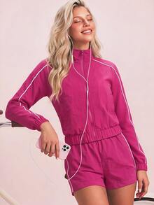 Sovereign Charm Sovereign Charm Women's Colorblock Long Sleeve Top And Shorts Casual Daily Sports Set - Burgundy - View 1