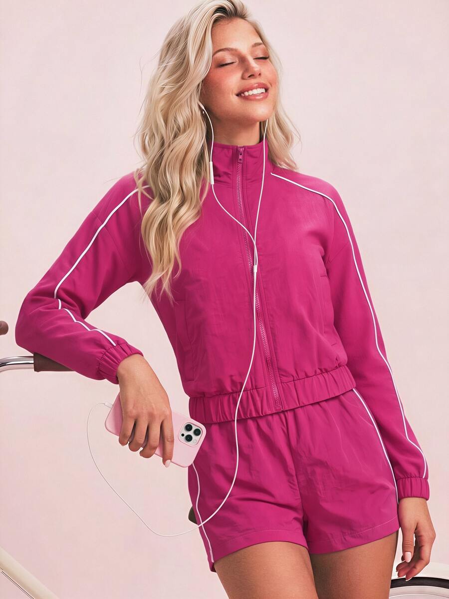 Sovereign Charm Sovereign Charm Women's Colorblock Long Sleeve Top And Shorts Casual Daily Sports Set - Burgundy - View 1