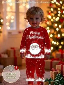 SHEIN Boys' 2 Pieces Fitted Pajama Set, Autumn/Winter Christmas Santa Claus Print - Red - View 2