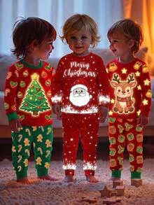 SHEIN Boys' 2 Pieces Fitted Pajama Set, Autumn/Winter Christmas Santa Claus Print - Red - View 1