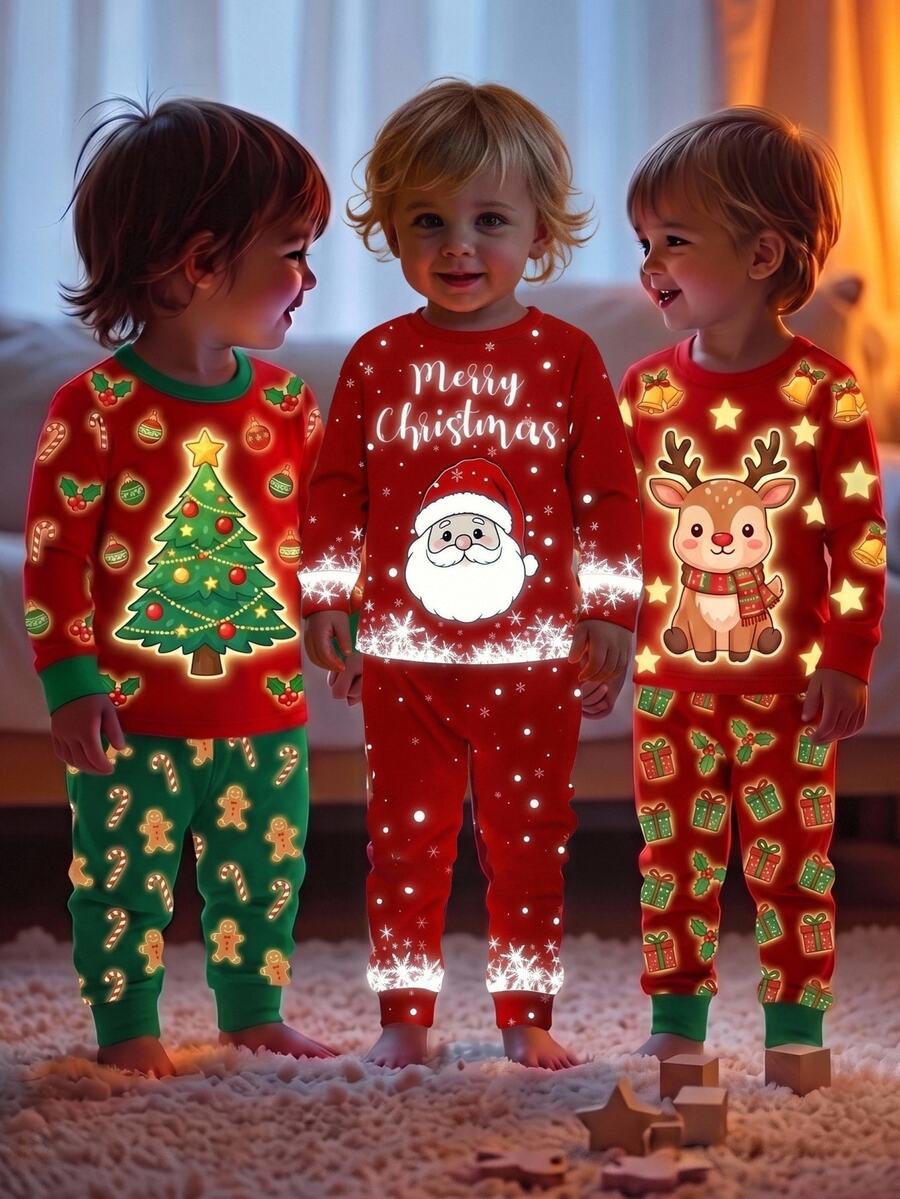 SHEIN Boys' 2 Pieces Fitted Pajama Set, Autumn/Winter Christmas Santa Claus Print - Red - View 1