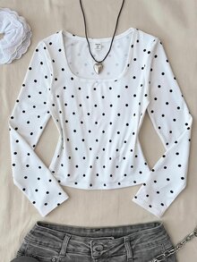 SHEIN Atasan Anak Perempuan Remaja Lengan Panjang Leher Persegi Gaya Prancis, Motif Polkadot Hitam Putih, Atasan Pendek Pas Badan, Lapisan Dalam Musim Semi/Gugur - Putih - View 8