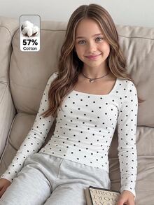 SHEIN Atasan Anak Perempuan Remaja Lengan Panjang Leher Persegi Gaya Prancis, Motif Polkadot Hitam Putih, Atasan Pendek Pas Badan, Lapisan Dalam Musim Semi/Gugur - Putih - View 2