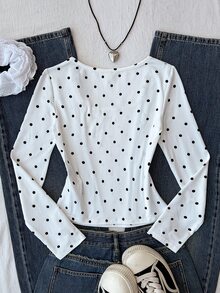 SHEIN Atasan Anak Perempuan Remaja Lengan Panjang Leher Persegi Gaya Prancis, Motif Polkadot Hitam Putih, Atasan Pendek Pas Badan, Lapisan Dalam Musim Semi/Gugur - Putih - View 9