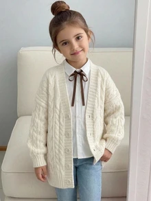 SHEIN Cardigan Rajut Panjang Kasual Leher V Warna Polos untuk Anak Perempuan, Musim Gugur dan Musim Dingin - Putih - View 4