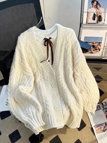 SHEIN Cardigan Rajut Panjang Kasual Leher V Warna Polos untuk Anak Perempuan, Musim Gugur dan Musim Dingin - Putih - View 5