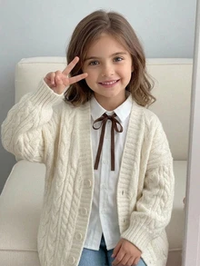 SHEIN Cardigan Rajut Panjang Kasual Leher V Warna Polos untuk Anak Perempuan, Musim Gugur dan Musim Dingin - Putih - View 3
