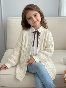 SHEIN Cardigan Rajut Panjang Kasual Leher V Warna Polos untuk Anak Perempuan, Musim Gugur dan Musim Dingin - Putih - View 2
