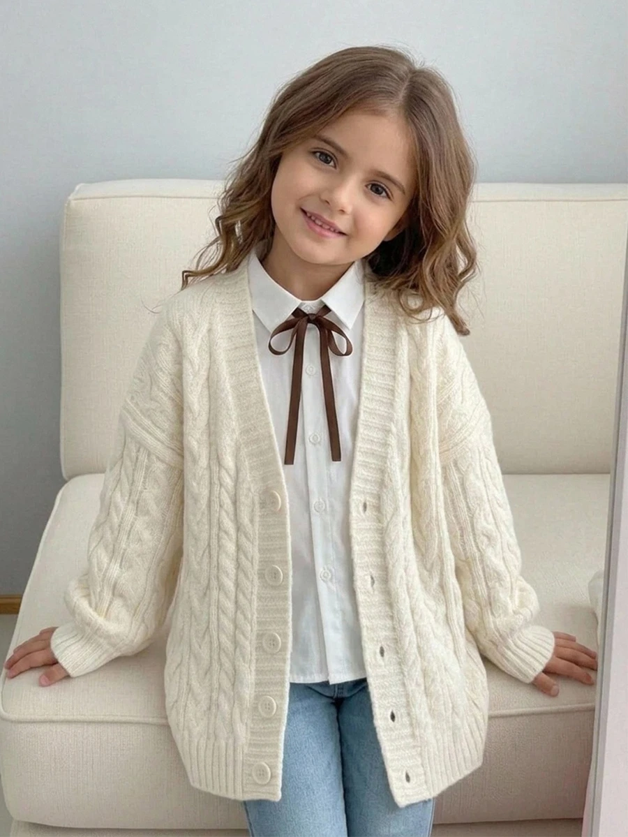 SHEIN Cardigan Rajut Panjang Kasual Leher V Warna Polos untuk Anak Perempuan, Musim Gugur dan Musim Dingin - Putih - View 1