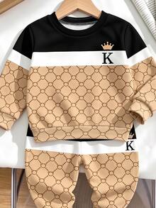 2pcs Baby Boys Crown Letter K Colorblock Crew Neck Fleece Long Sleeve Sweatshirt And Matching Printed Fleece Sweatpants Set, Suitable For Autumn/Winter - Multicolor - View 3