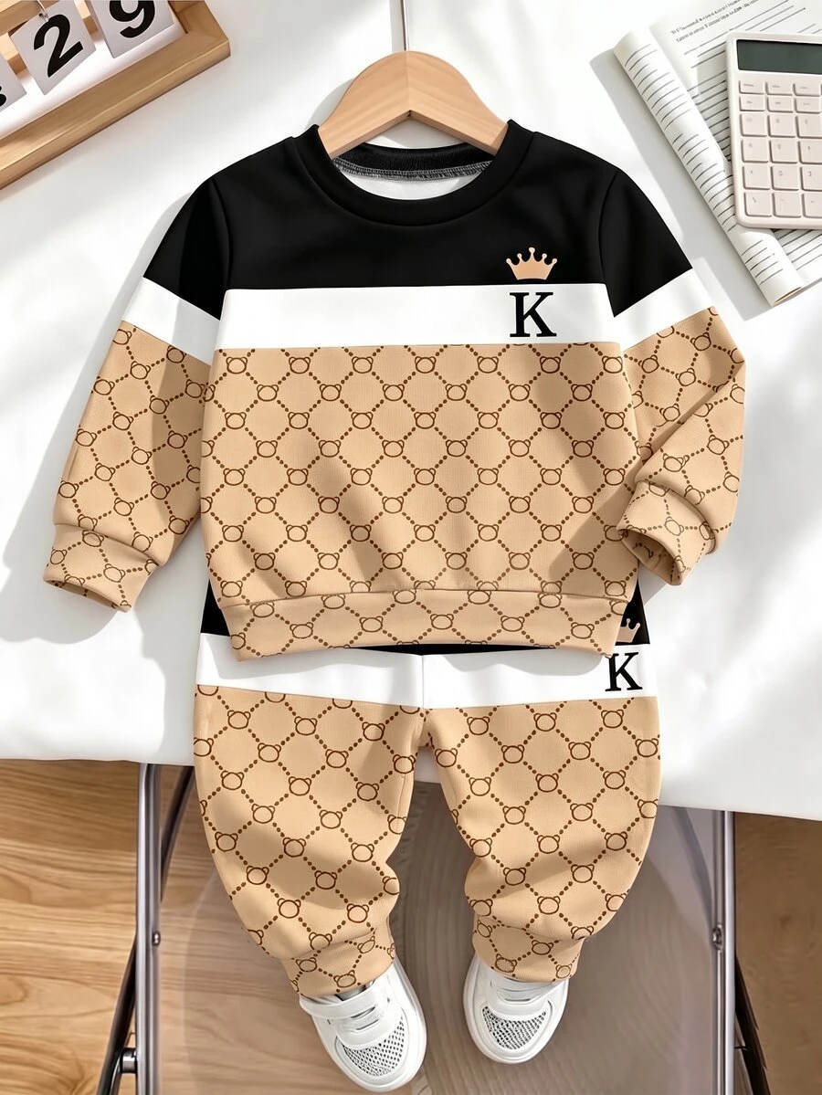 2pcs Baby Boys Crown Letter K Colorblock Crew Neck Fleece Long Sleeve Sweatshirt And Matching Printed Fleece Sweatpants Set, Suitable For Autumn/Winter - Multicolor - View 1