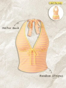 SHEIN Swim Women's Spring/Summer Random Print Spaghetti Strap Bow Tank Bikini Top Beach Party Yellow Sexy Y2k - Multicolor - View 2