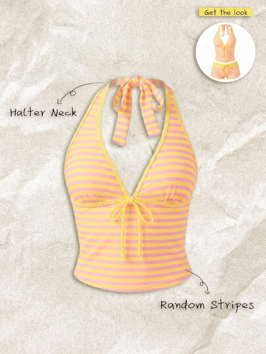 SHEIN Swim Women's Spring/Summer Random Print Spaghetti Strap Bow Tank Bikini Top Beach Party Yellow Sexy Y2k