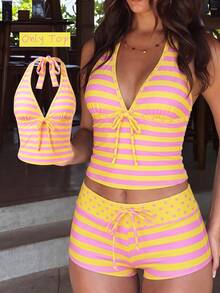 SHEIN Swim Women's Spring/Summer Random Print Spaghetti Strap Bow Tank Bikini Top Beach Party Yellow Sexy Y2k - Multicolor - View 5