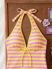 SHEIN Swim Women's Spring/Summer Random Print Spaghetti Strap Bow Tank Bikini Top Beach Party Yellow Sexy Y2k - Multicolor - View 6