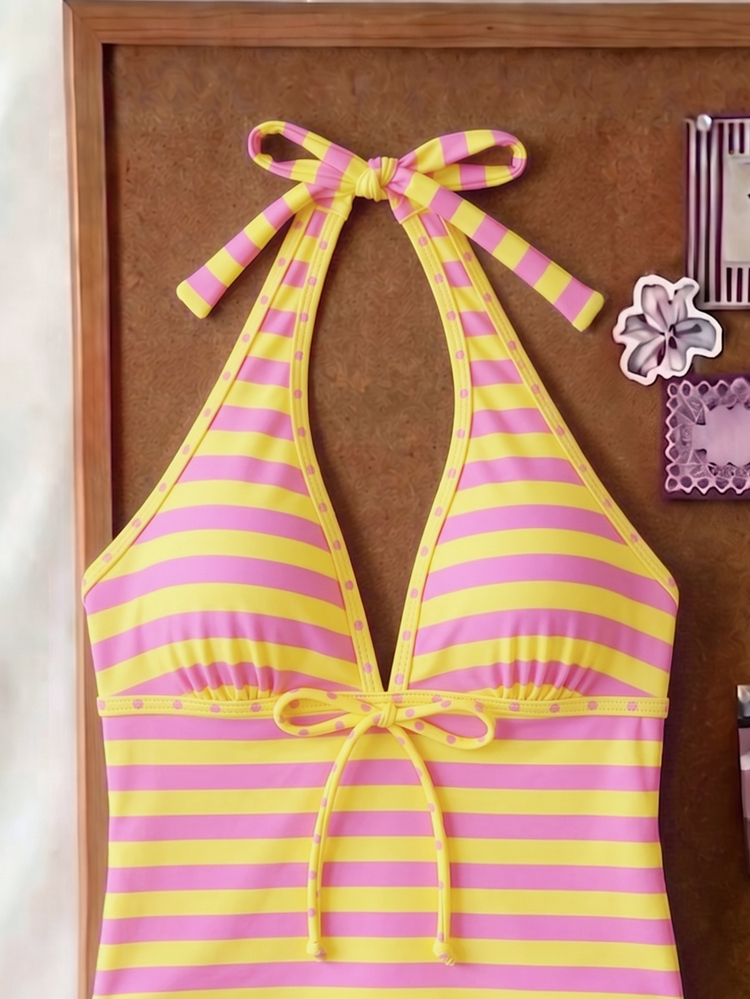 SHEIN Swim Women's Spring/Summer Random Print Spaghetti Strap Bow Tank Bikini Top Beach Party Yellow Sexy Y2k - Multicolor - View 5
