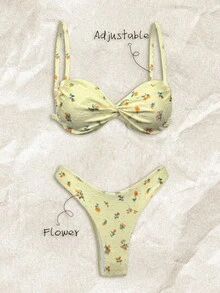 SHEIN Swim Women's Random Print Spaghetti Strap High Cut Bikini Set, Spring/Summer Beach Vacation Yellow Tropical - Multicolor - View 1