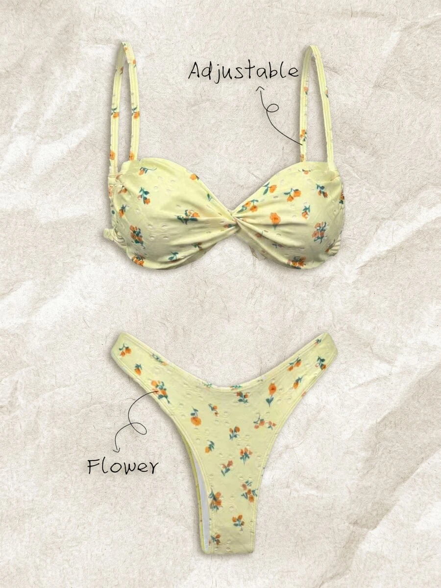 SHEIN Swim Women's Random Print Spaghetti Strap High Cut Bikini Set, Spring/Summer Beach Vacation Yellow Tropical - Multicolor - View 1