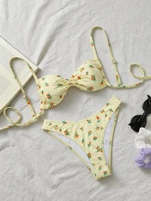 SHEIN Swim Women's Random Print Spaghetti Strap High Cut Bikini Set, Spring/Summer Beach Vacation Yellow Tropical - Multicolor - View 2