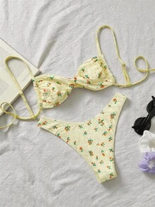 SHEIN Swim Women's Random Print Spaghetti Strap High Cut Bikini Set, Spring/Summer Beach Vacation Yellow Tropical - Multicolor - View 3