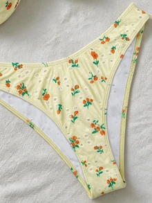SHEIN Swim Women's Random Print Spaghetti Strap High Cut Bikini Set, Spring/Summer Beach Vacation Yellow Tropical - Multicolor - View 5