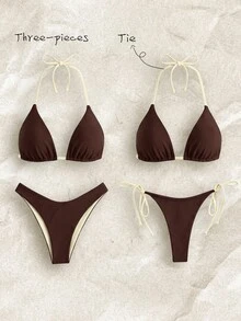 Elavelle Women's Spring/Summer Chicsea Random Print Halter Neck High Cut 3-Piece Beach Club Bikini Set Chocolate Brown Brown Sexy - Multicolor - View 1