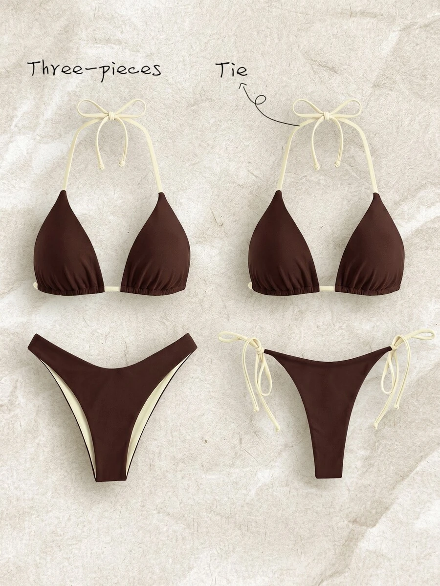 Elavelle Women's Spring/Summer Chicsea Random Print Halter Neck High Cut 3-Piece Beach Club Bikini Set Chocolate Brown Brown Sexy - Multicolor - View 1