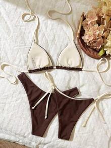 Elavelle Women's Spring/Summer Chicsea Random Print Halter Neck High Cut 3-Piece Beach Club Bikini Set Chocolate Brown Brown Sexy - Multicolor - View 2