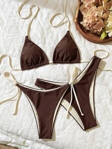 Elavelle Women's Spring/Summer Chicsea Random Print Halter Neck High Cut 3-Piece Beach Club Bikini Set Chocolate Brown Brown Sexy - Multicolor - View 3