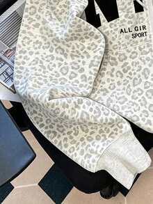 Resyla Women's Sweatshirt, Cotton-Blend Traceable Casual Jacket, Grey Leopard Print, Letter Print Pattern, Graphic Design, Daily Wear, Comfortable Style - Multicolor - View 3