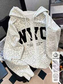 Resyla Women's Sweatshirt, Cotton-Blend Traceable Casual Jacket, Grey Leopard Print, Letter Print Pattern, Graphic Design, Daily Wear, Comfortable Style - Multicolor - View 1