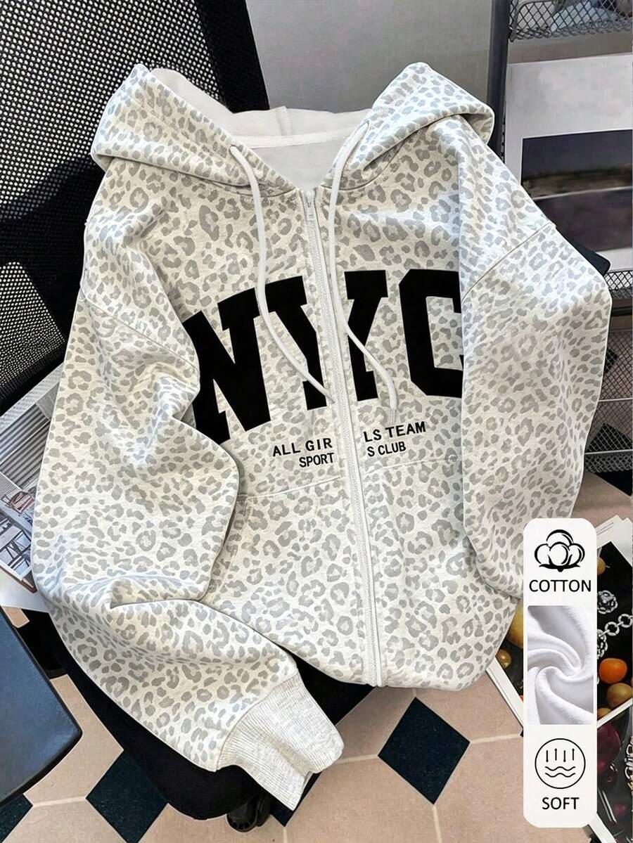 Resyla Women's Sweatshirt, Cotton-Blend Traceable Casual Jacket, Grey Leopard Print, Letter Print Pattern, Graphic Design, Daily Wear, Comfortable Style - Multicolor - View 1