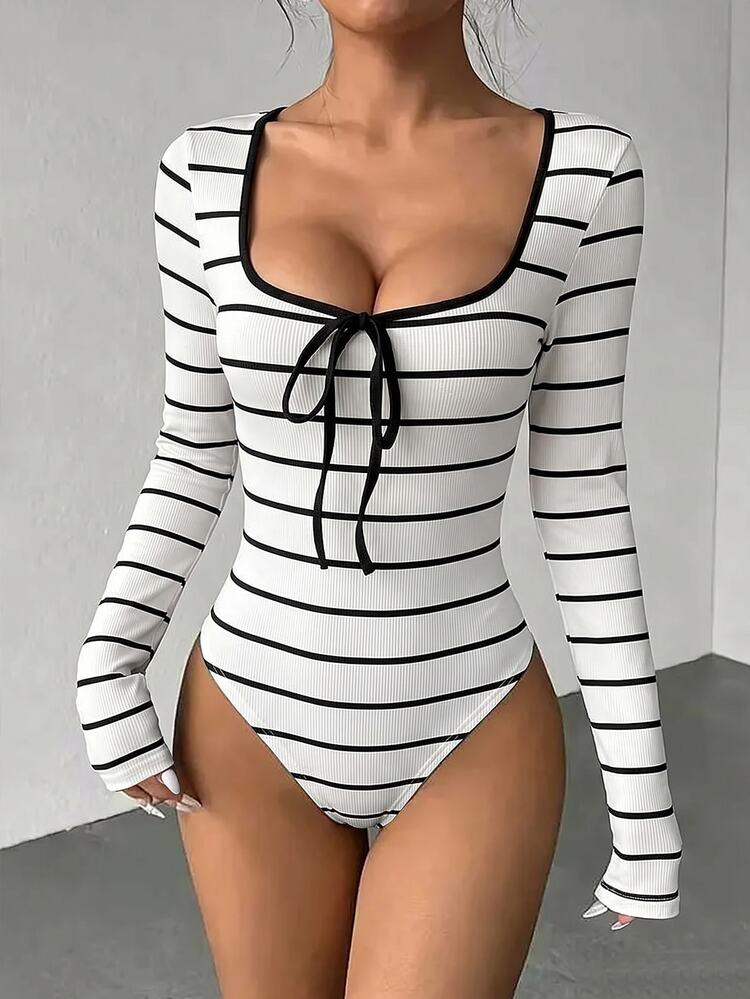 SHEIN LUNE Women's Autumn Square Neck Tie Front Black And White Striped Bodysuit Long Sleeve Slim Fitted Basic Tops Night Out French Sexy Casual Everyday - Black and White - View 5
