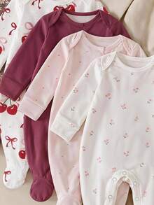 New Born Baby Round Neck Long Sleeve Footed Romper - White - View 4
