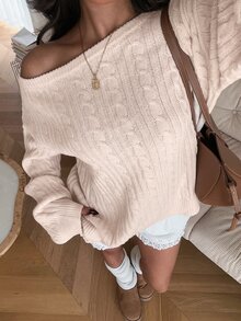 Autumina 女款秋冬時尚百搭日常派對極簡性感寬鬆不對稱領毛衣 - 杏色 - 查看 4