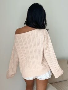 Autumina 女款秋冬時尚百搭日常派對極簡性感寬鬆不對稱領毛衣 - 杏色 - 查看 2