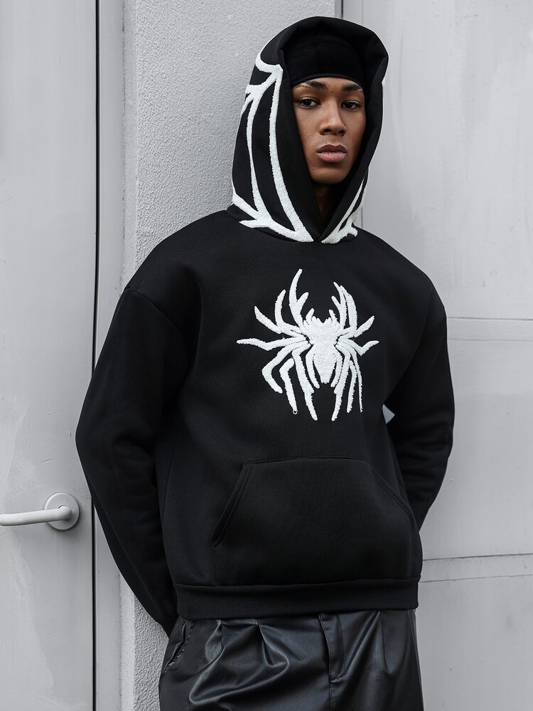 Major Grit Hoodie Pendek Pria Gaya Grafiti Jalanan Ukuran Besar dengan Resleting dan Motif Bordir Applique, Elemen Laba-laba Halloween, Efek Bordir Handuk Khusus, Potongan Longgar, Gaya Hip Hop Jalanan Amerika, Gaya Jalanan Vintage, Dipersonalisasi, Tarian Jalanan, Skateboard, Rap, Grafiti, Subkultur, Longgar, Gaya Unisex, Hadiah Liburan - Hitam - View 5