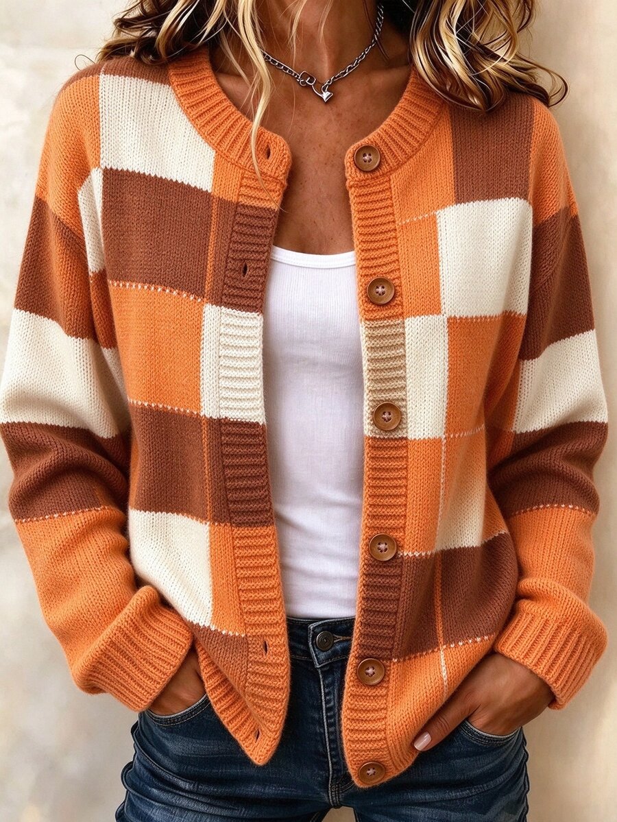 SHEIN LUNE Women's Fall Patchwork ColorBlock Knit Cardigan, LongSleeve Button Front Crew Neck Loose Sweater For Daily Outing & Office Casual - Multicolor - View 1