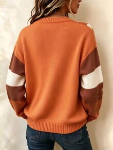 SHEIN LUNE Women's Fall Patchwork ColorBlock Knit Cardigan, LongSleeve Button Front Crew Neck Loose Sweater For Daily Outing & Office Casual - Multicolor - View 2