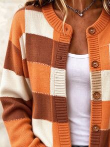 SHEIN LUNE Women's Fall Patchwork ColorBlock Knit Cardigan, LongSleeve Button Front Crew Neck Loose Sweater For Daily Outing & Office Casual - Multicolor - View 3