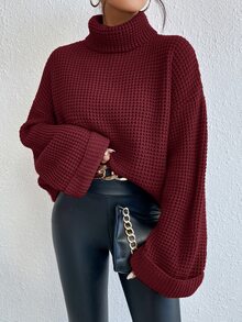SoleilVie 女士休闲纯色高领落肩宽松喇叭袖套头毛衣，秋冬季长袖针织衫 - 酒紅色 - 查看 5