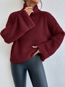 SoleilVie 女士休闲纯色高领落肩宽松喇叭袖套头毛衣，秋冬季长袖针织衫 - 酒紅色 - 查看 3