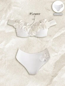 Elavelle 女款純色高衩3D花卉比基尼泳褲，春夏海灘度假白色熱帶風 - 白色 - 查看 1