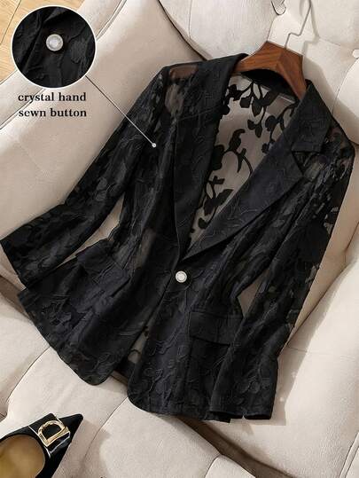 Selianne Blazer elegante de mujer en color blanco con diseño de tela jacquard texturizada semitransparente, adecuado para verano, otoño, primavera, carnaval, regreso a clases, atuendo de maestra, Día de la Independencia, Pascua, lugar de trabajo, estilo de alta aura, ropa de primavera/verano/otoño, chaqueta blazer delgada de primavera/otoño, artículo de moda esencial de la nueva temporada, diseño de nicho, versátil, blazer delgado elegante de alta gama