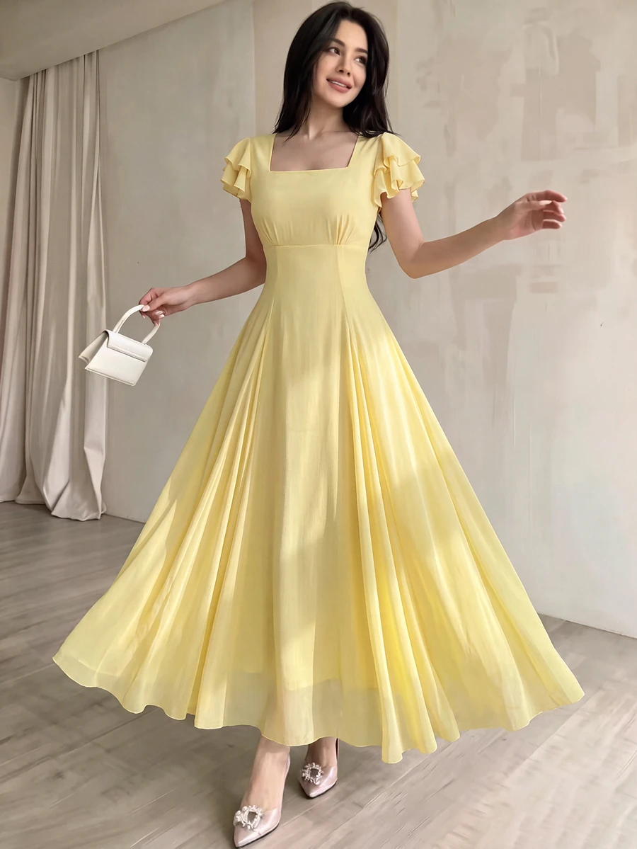 Modelyn 女款設計師方領開衩三角中長洋裝 - 淡黃色 - 查看 1