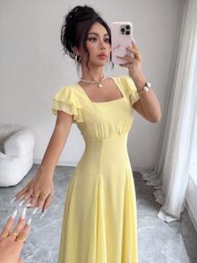 Modelyn 女款設計師方領開衩三角中長洋裝 - 淡黃色 - 查看 5